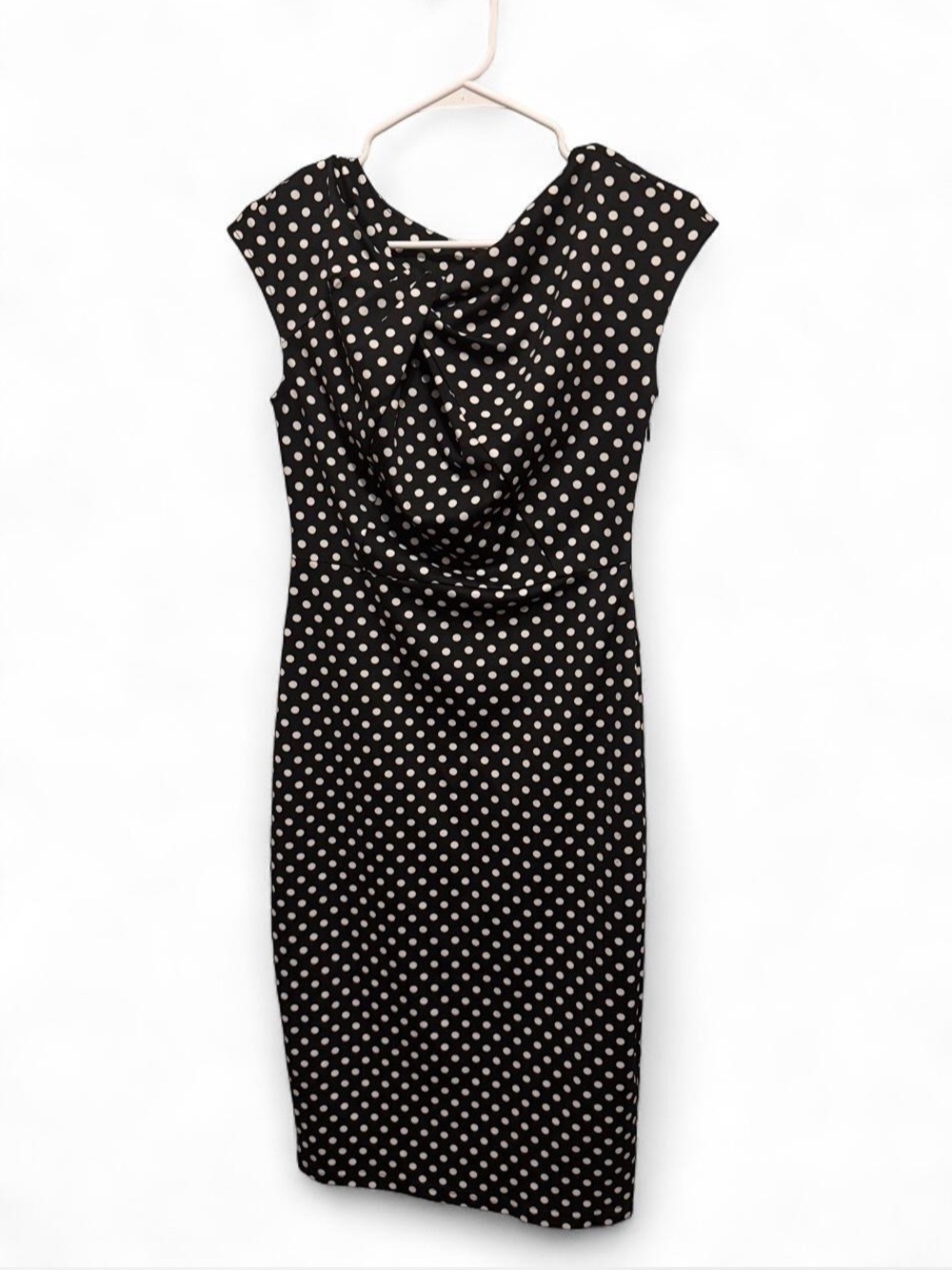 VfEmage Black Dress with White Polka Dots - Midi Sheath